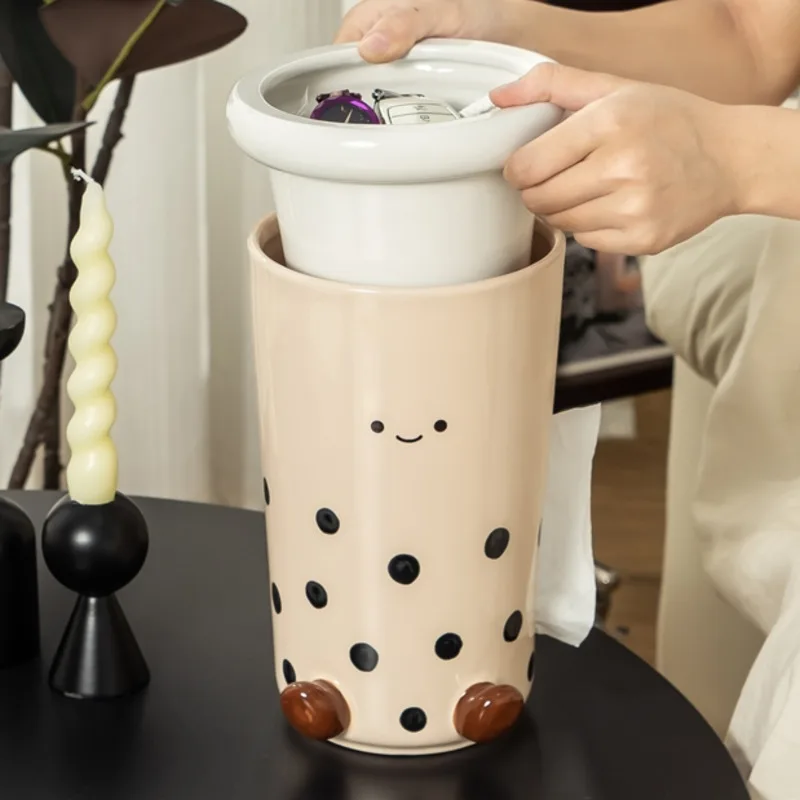 Cute Polka Dot Beige Boba Milk Tea Ceramic Tissue Box 2 In 1 Remote Control Space Saving Storage For Living Room Coffee Table