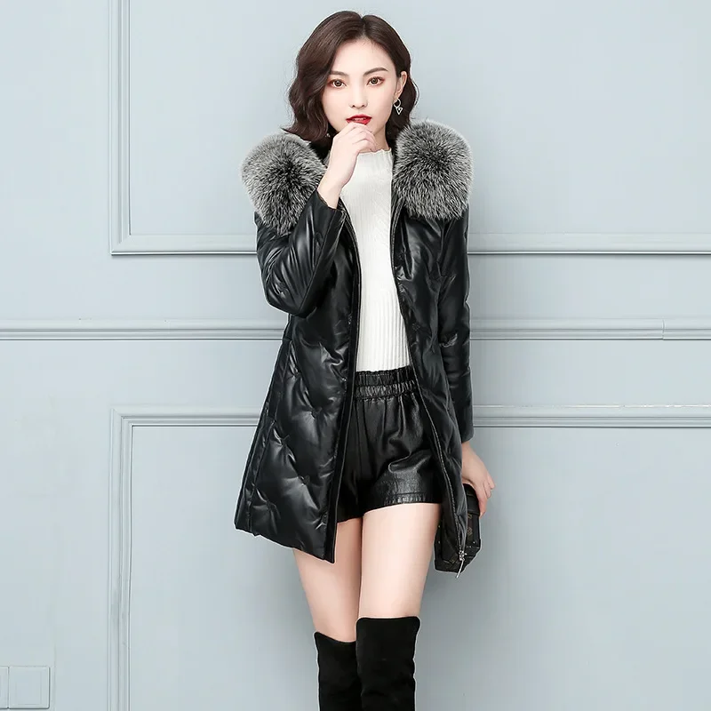 

Winter Leather Jackets for Women 2023 Warm 90% White Duck Down Coat Hooded Fox Fur Collar Puffer Jacket Parkas Jaqueta Feminina