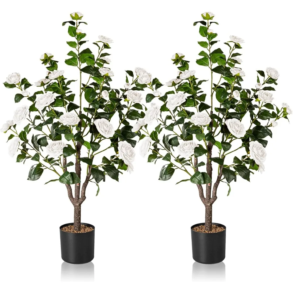 

Camellia Tree 3.6FT, 2 Pack Indoor Decorative Fake Plants with Realistic Trunk, Leaves, White Flowers
