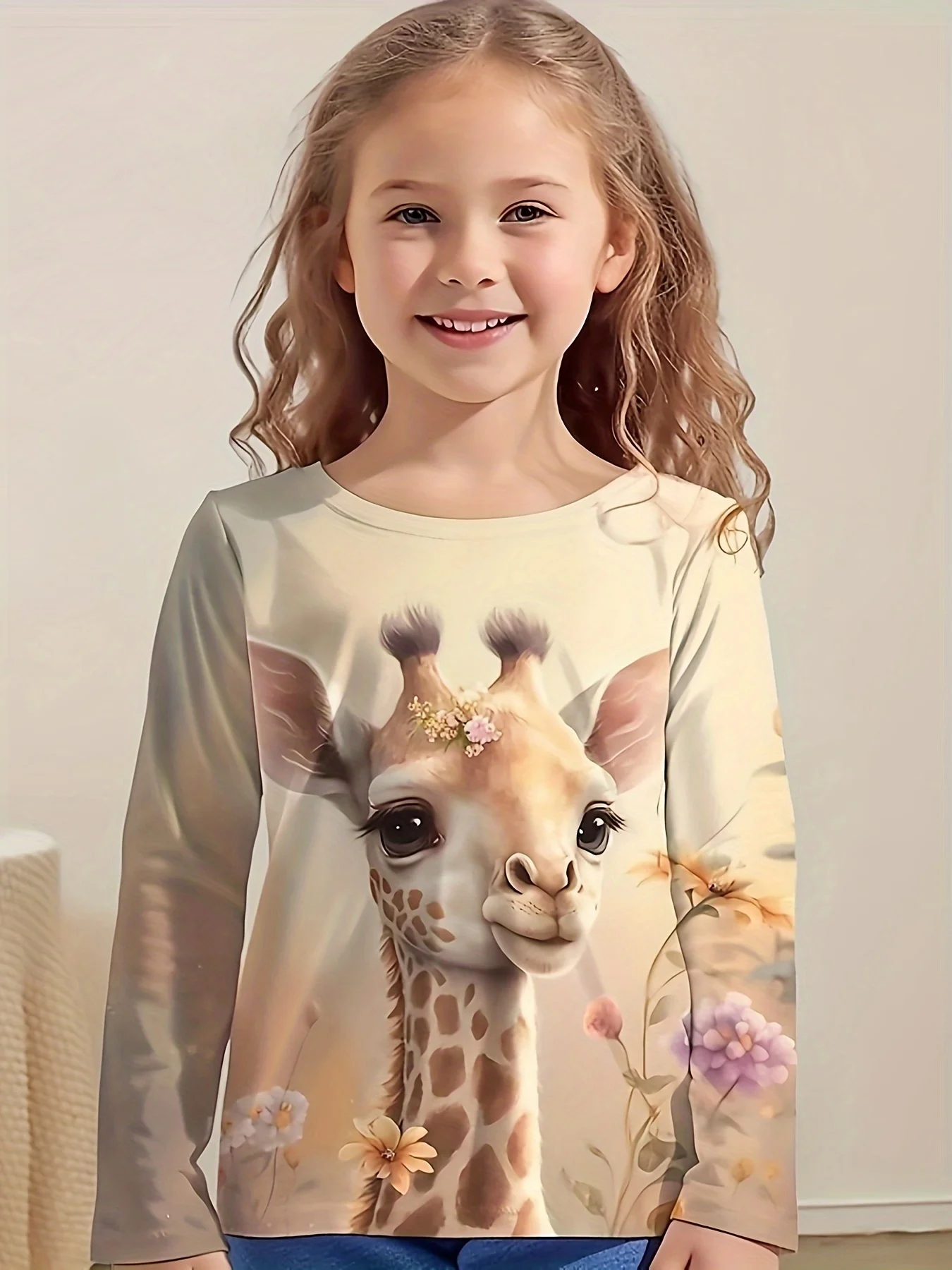 Girl Clothes 3D Cartoon Giraffe Print Clothes Crew Neck Children's Clothing Girls Long Sleeve T-Shirt for Girls Party Gift Tees