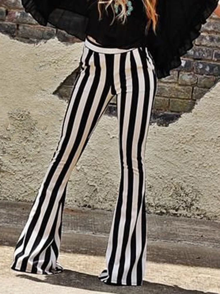 Black White Striped Printed High Waist Casual New Yoga Pants Sexy Wide Leg Trousers Female Streetwear Elastic Elegant Bottom