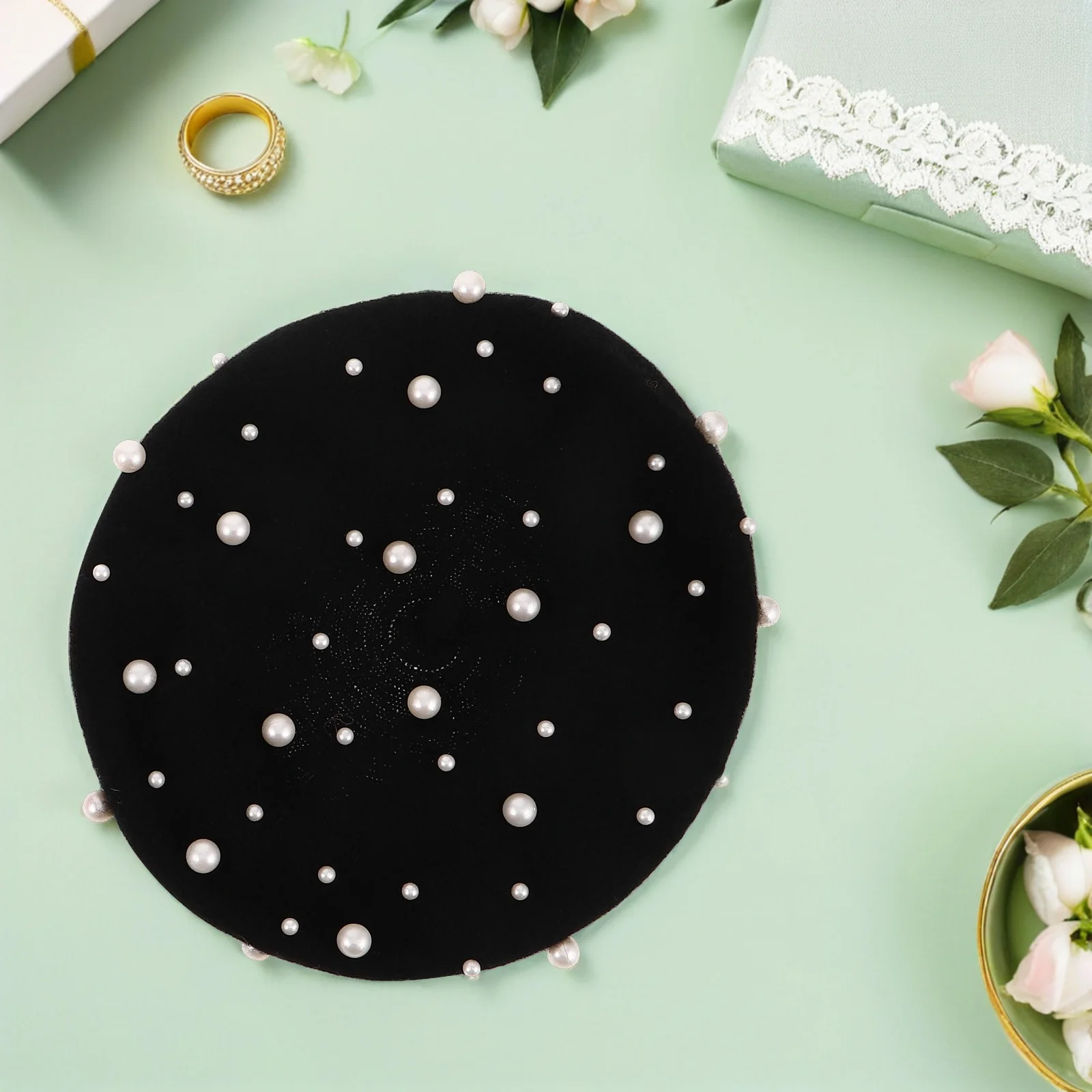 2 قطعة قبعات بيريه اللؤلؤ خمر للنساء أنيقة الخريف الفنان قبعة صوف السيدات بلون ملابس رسمية غير رسمية #4