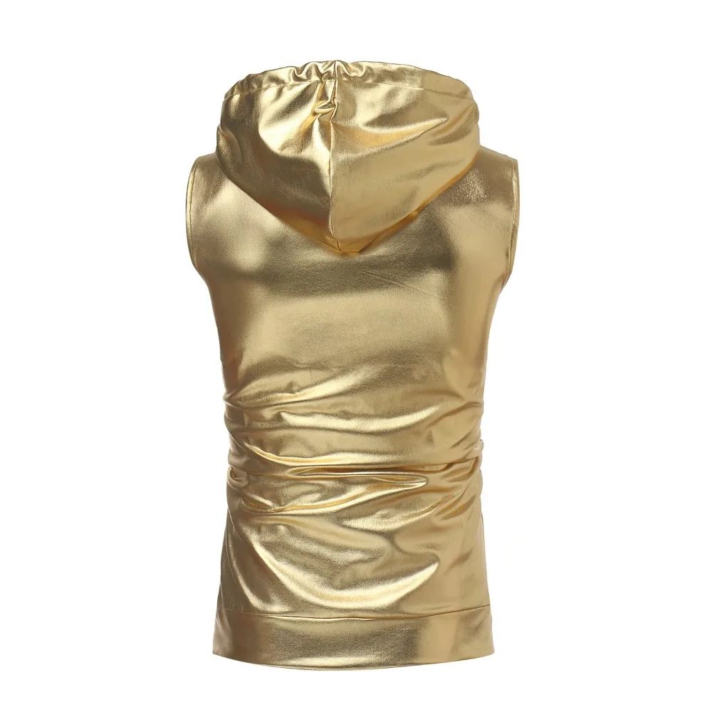 Gold Silver Black Color Sleeveless Top Men Summer Fashionable Dance Bright Color Hooded Drawstring