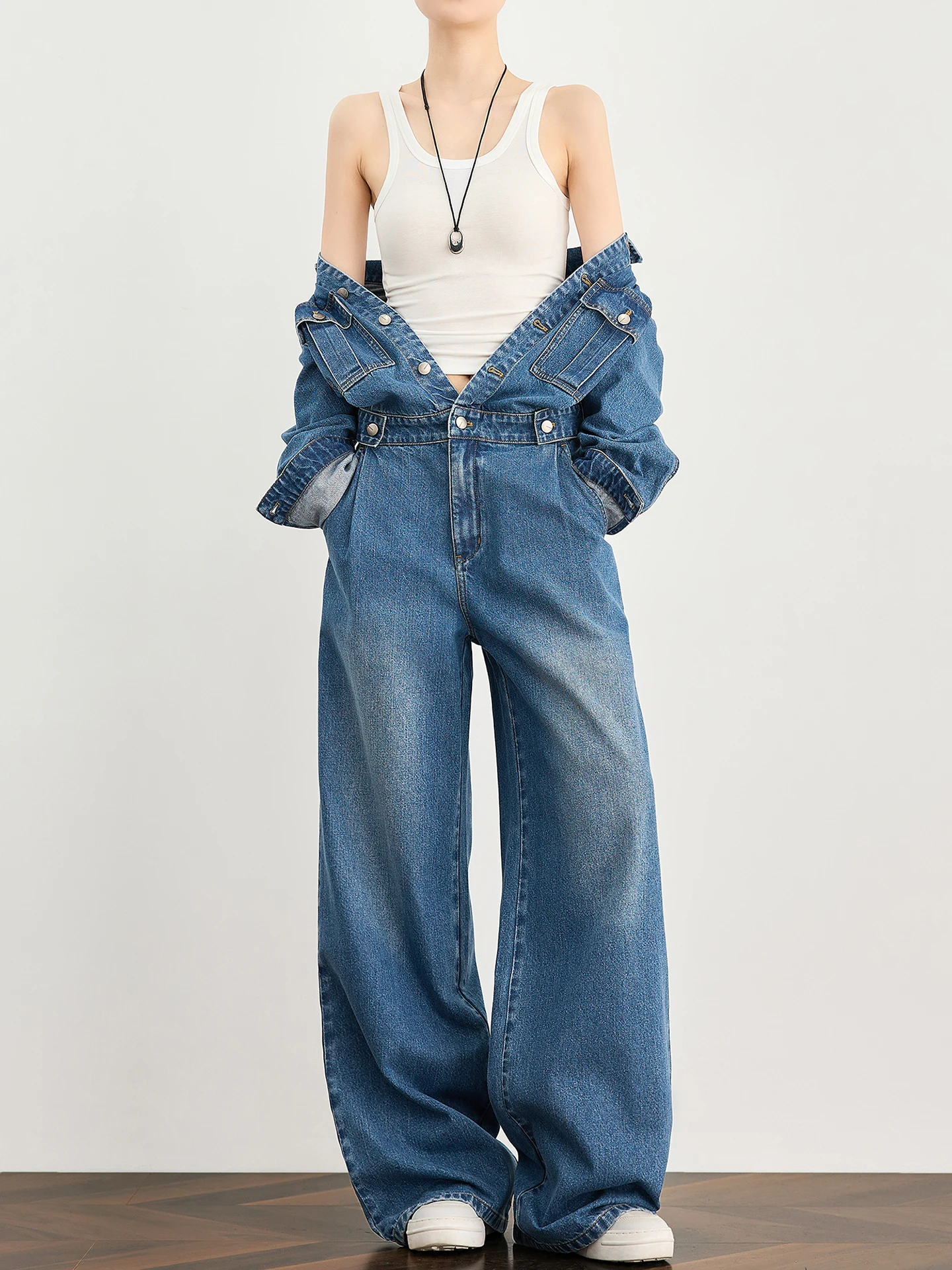 

TUMPUS Retro Hong Kong Style High Waist Wide Leg Denim Overalls for Tall Women Blue Color Commute Friendly Casual Wear