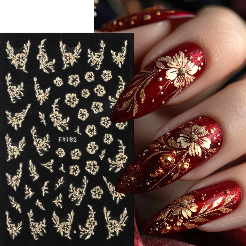 Autocollants pour ongles en forme de feuille de paillettes dorées brillantes, feuilles d'automne scintillantes, fleur d'hibiscus, modèles français, breloques pour ongles, décalcomanies de décoration