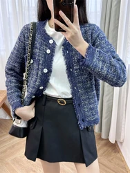 Blue floral cardigan, wool mulberry silk blended knitted jacket, temperament for commuting women sweater long cardigan women