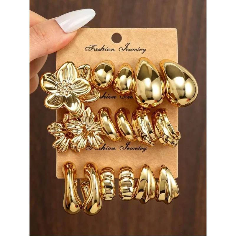 3/9 Pairs Set Graceful Metal Floral Drop C-Shape Earrings – Chic Accessory for Daily, Dates & Parties.
