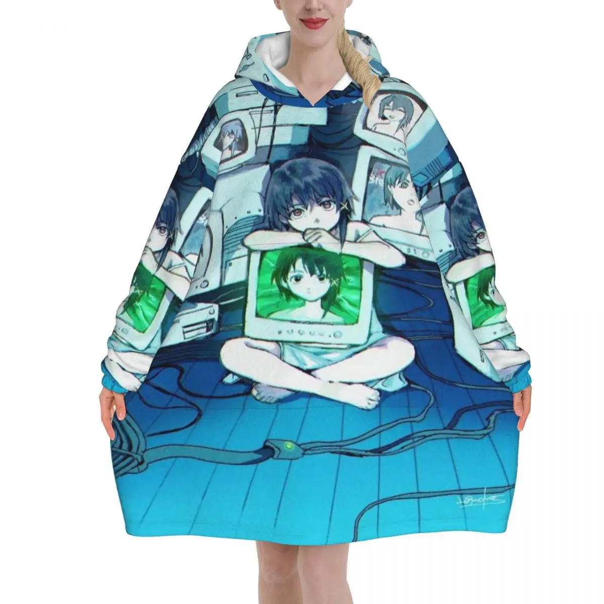 Serial Experiments Lain Lwakura Oversized Blanket Hoodie Sweatshirt Long Fleece Hooded Wearable Blanket with Large Pocket