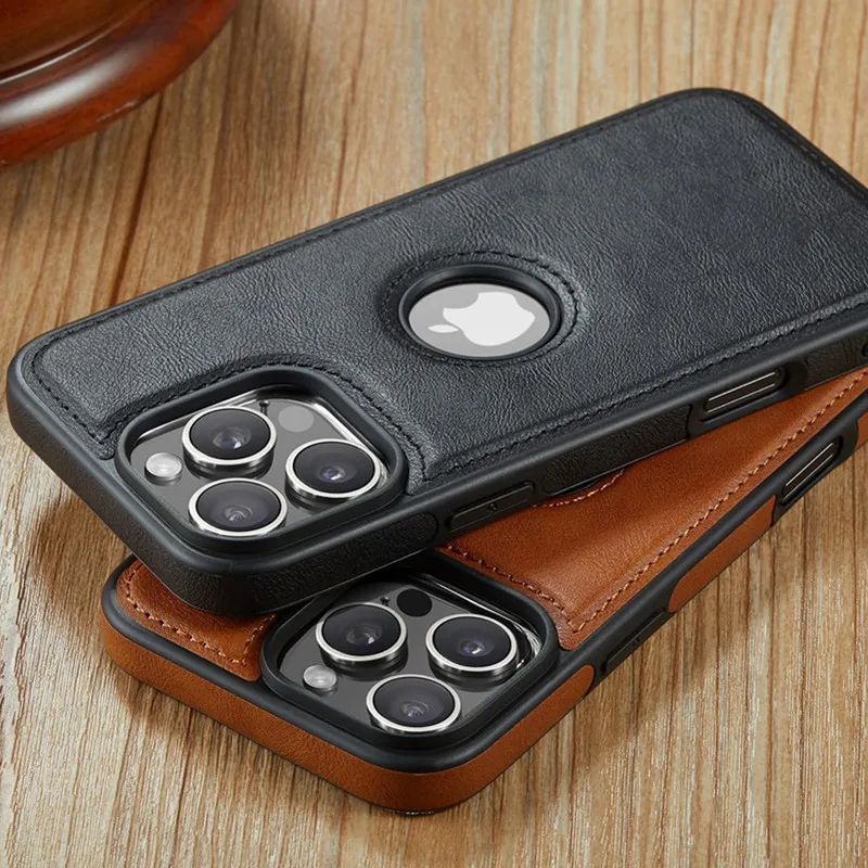 Business-Leder-Handyhülle für iPhone 15 14 13 11 16 Pro Max Plus 12 Mini 16e 15Pro 16Pro I16 ProMax Dünne, schlanke Logo-Lochabdeckung