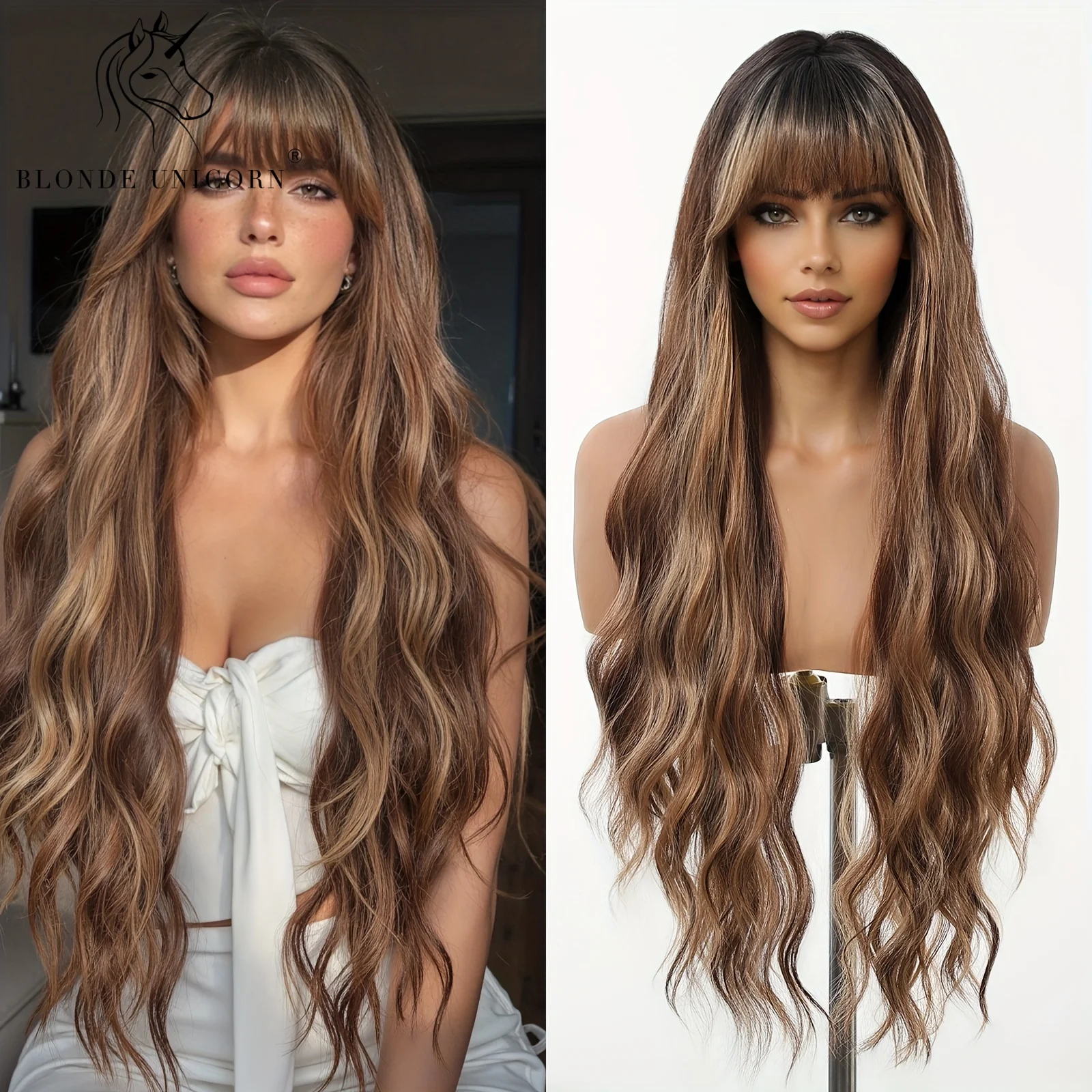

Длинный волнистый синтетический парик омбре от коричневого до блонда с челкой для женщин, термостойкий, с градиентным окрашиванием волос, для повседневной носки, вечеринок и косплея