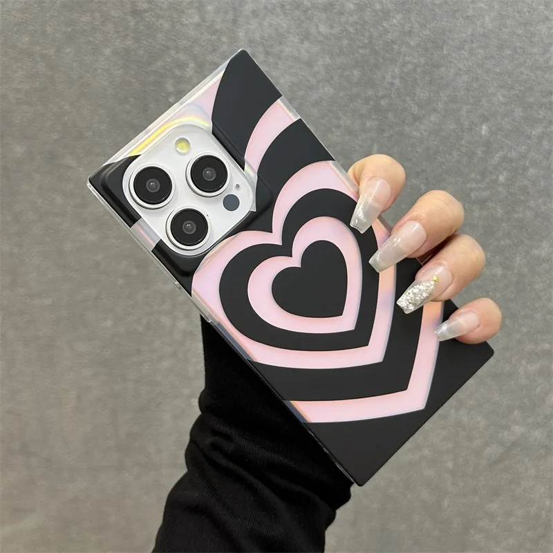 Laser Hollow Out Love Heart Phone Case For 15 14 13 16 Pro Max Shockproof IMD Silicone Glossy Back Cover