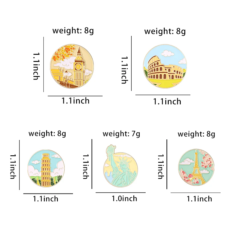 Famous Building Enamel Pins Liberty Eiffel Tower Big Ben Colosseum Tower Pisa Brooches Lapel Badges Landmark Jewelry Gift