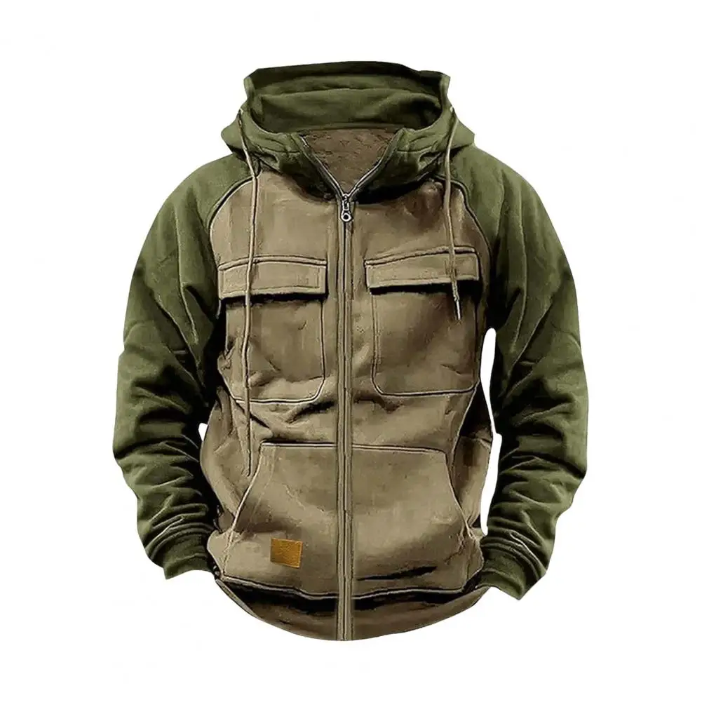 Colorblock Hoodie Sports Cargo Hoodie Retro Cargo Style Zipper Closure Multi Pockets Warm Hip Hop Contrast Color Sweatshirt