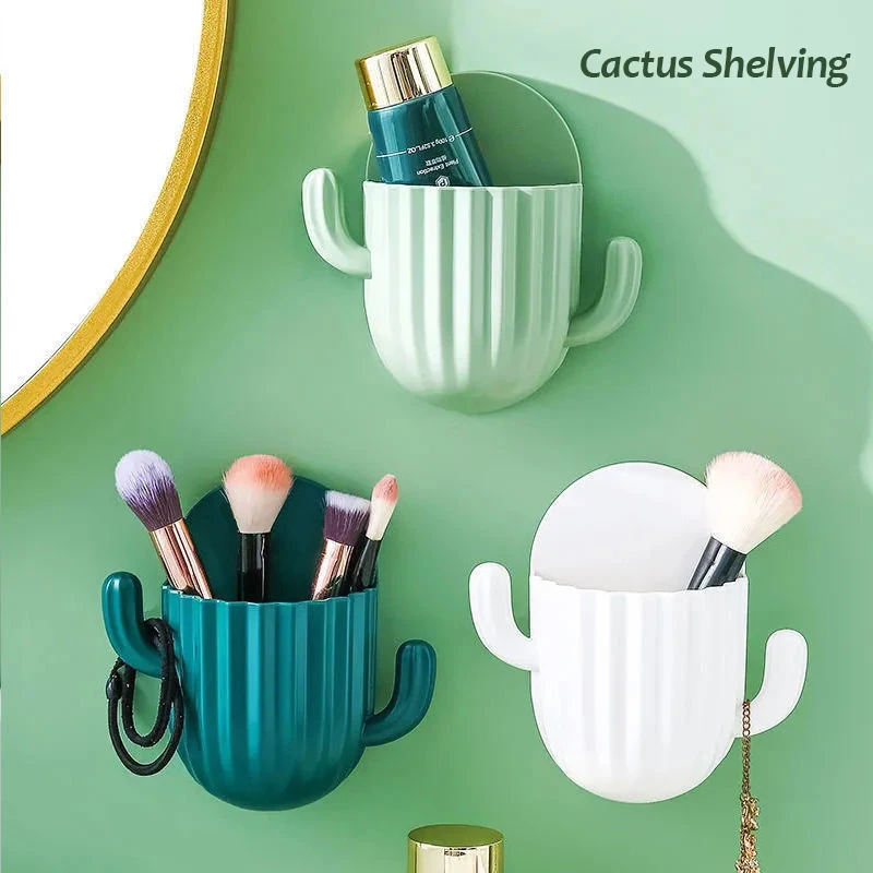 Cactus Wall Hanging Storage Shelf Perforation-Free Bathroom Toothbrush Toothpaste Mobile Phone Storage Box Bathroom Accessories