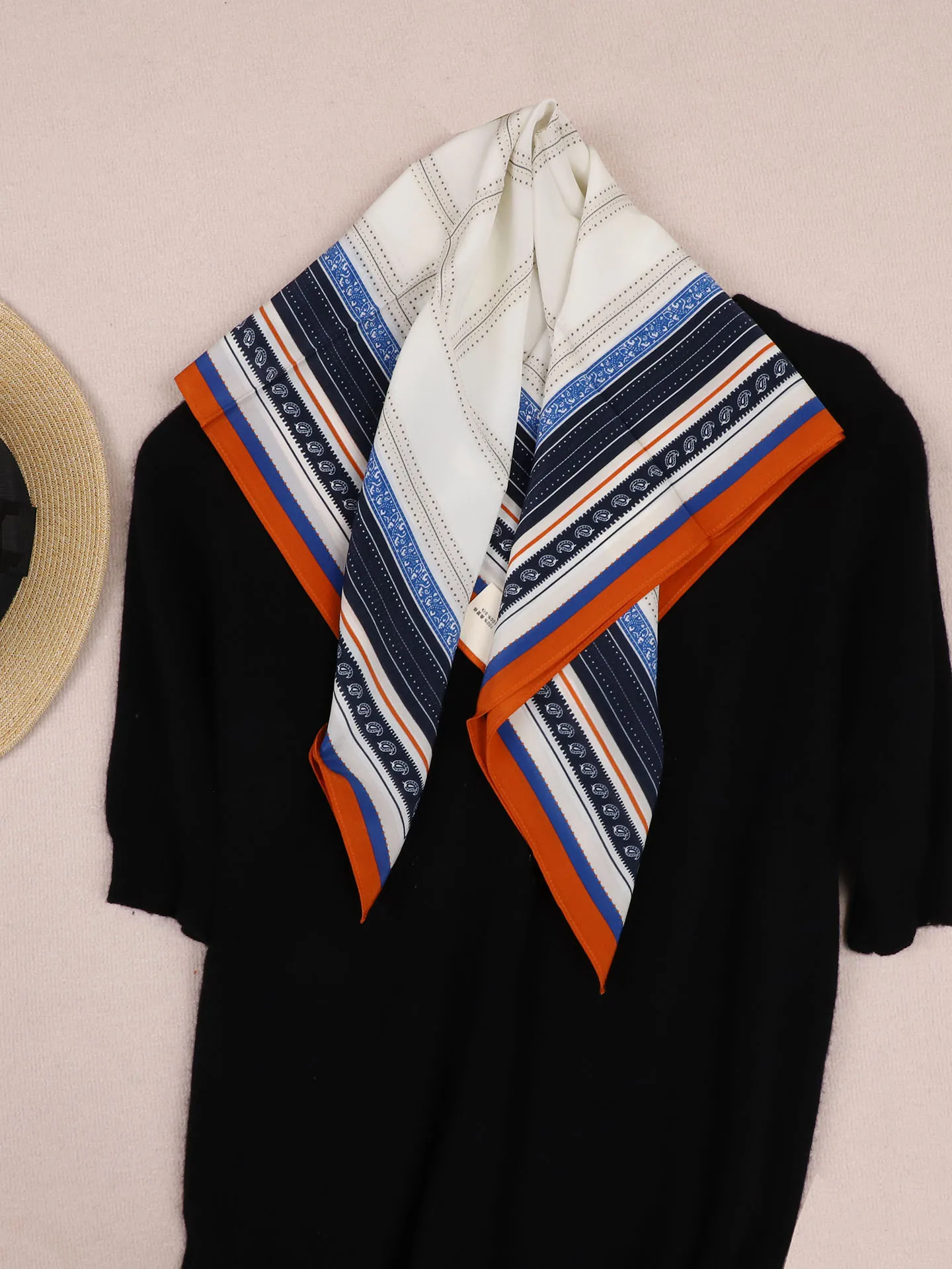 silk-square-scarf-geometric-pattern-early-spring-new-orange-blue-retro-silk-waisted-nut-65cm-multi-functional-women's-scarf