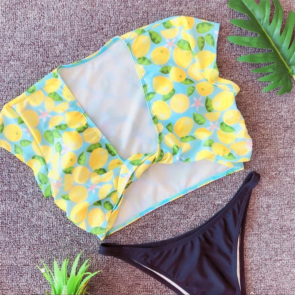 Lemon Bikini Twist Deep-V Tankini Swimsuit Women Tropical Print Vacation Swimwears Women Brazil Beach Outfit Tangas Bathing Suit