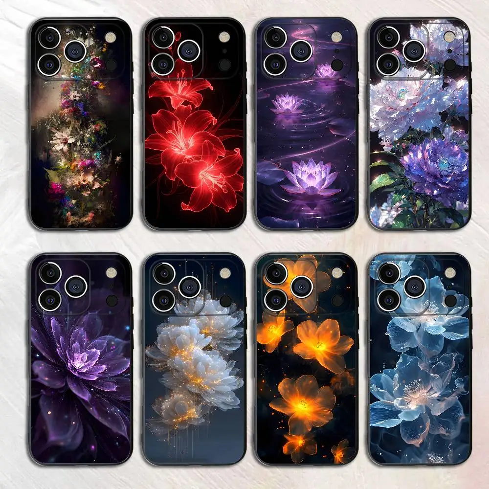 

Glowing Flowers Black Phone Case For iPhone 17,16,15,14,13,12,13,12 Pro Max Plus XS XR Silicone Soft Back Cover