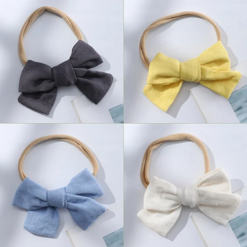 

100 PCS/Lot, 3.5" Infant Baby Sailor Bow Nylon Headbands, Cotton Linen Fabric Bow Hairbands, Kids Girls Hair Accessories