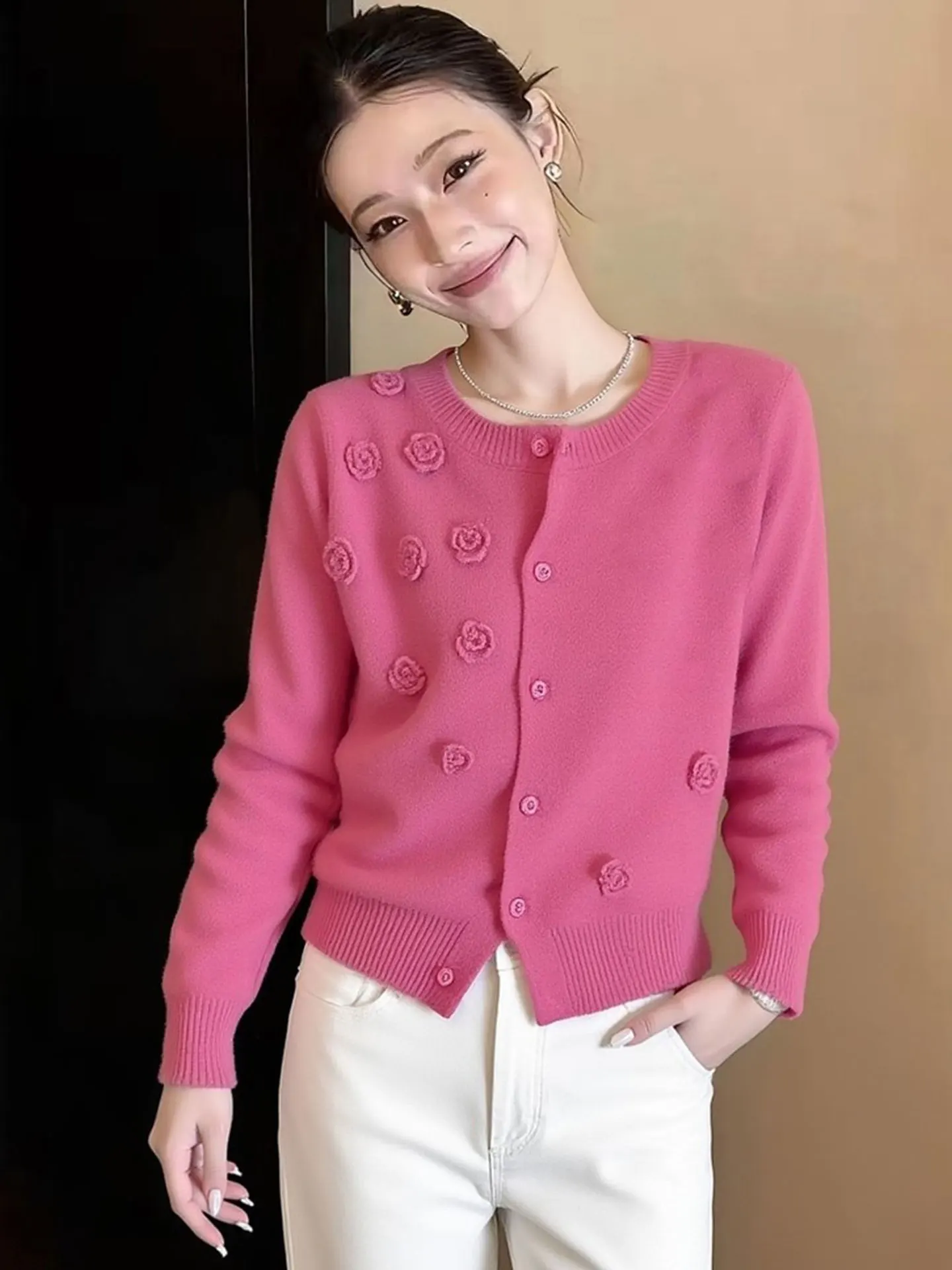 

Korean Sle round Ne Long Sve Knitted Open Cardigan Winter Faionable Sweater Top High Quali European Brand