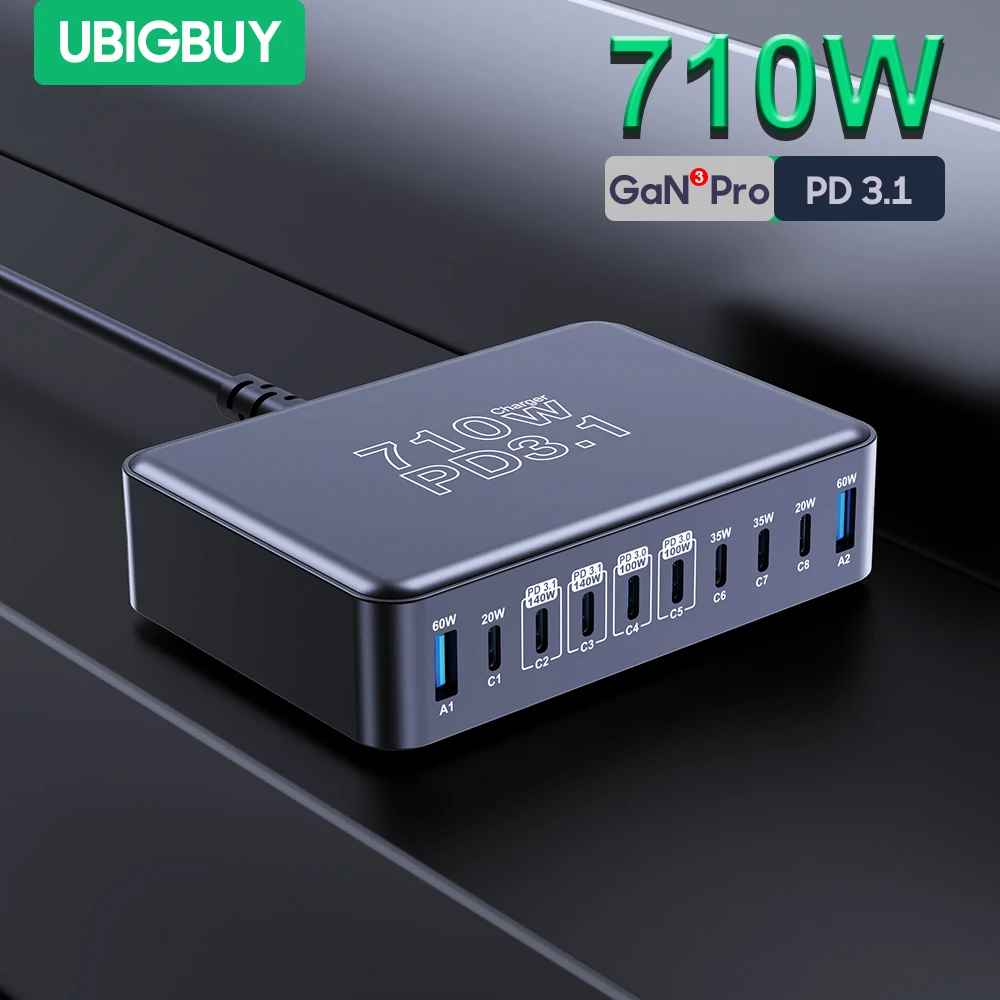 

Ubigbuy 710W GaN USB C Charger 10-Port PD 3.1 140W 100W PPS Fast Charging Station for iPhone 16 Samsung S23 MacBook Pro Laptops