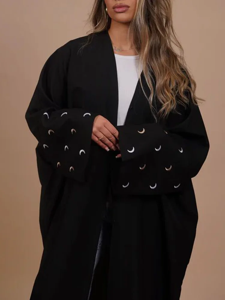 Abaya com mangas soltas para mulheres, bordado de lua, Ramadã, Ramadã, quimono de linho, robe aberto, desenho de coração, roupas femininas