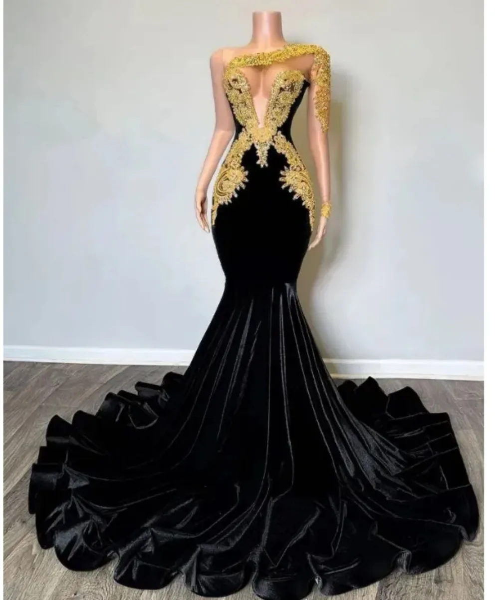 Vestidos De Fiesta De sirena De terciopelo negro con manga larga, malla transparente, Gillter, apliques De encaje dorado, vestido De Noche para ocasiones