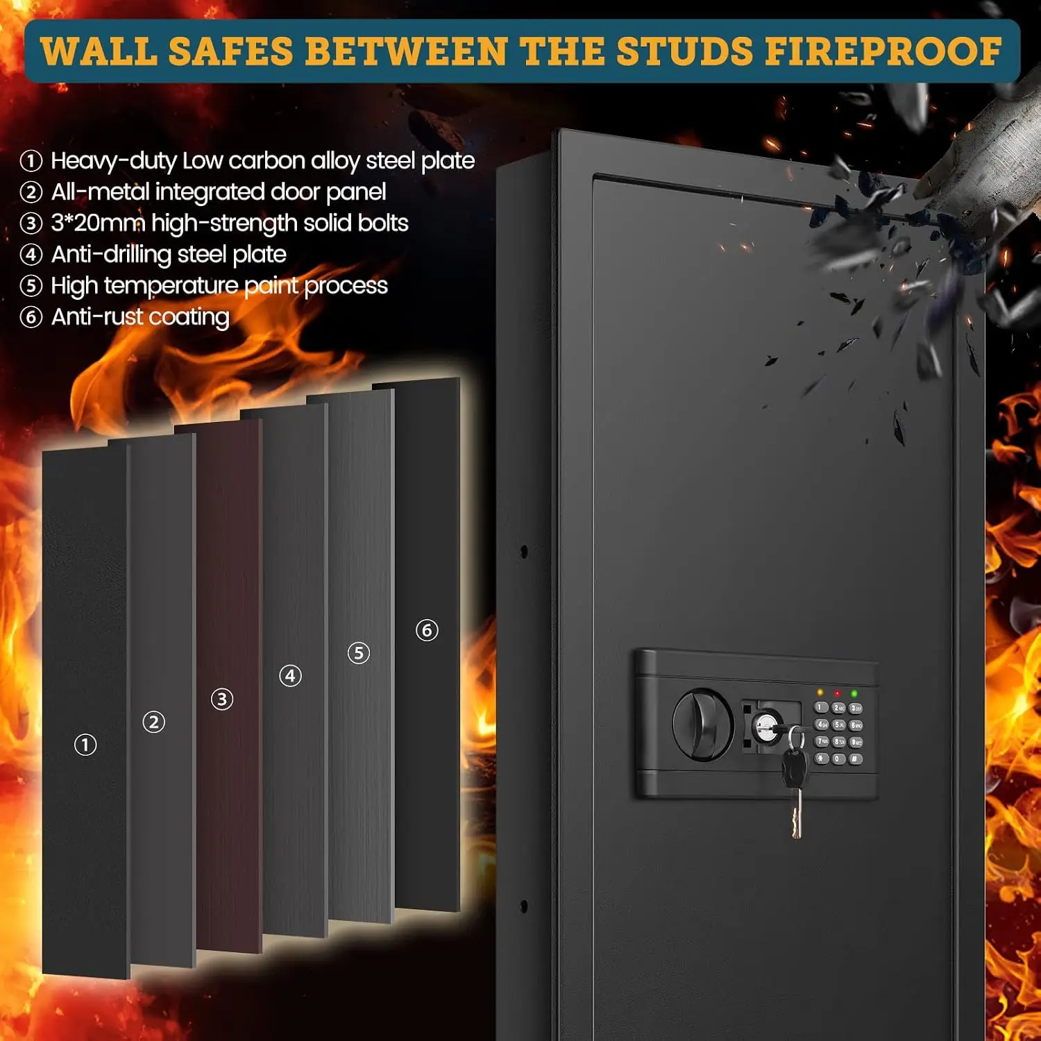 43.3'' Tall Fireproof Wall Safe Between Stud, Heavy Duty Flush In Wall Safe With Digital Keypad & Removable Shelf, Hidden Gun Sa