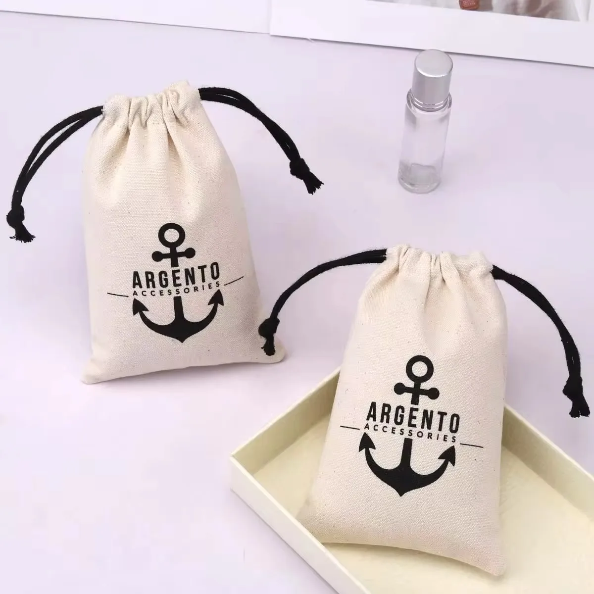 High Quality Canvas Jewelry Key Storage Pouch Custom Logo Printing Drawstring Small Cotton Gift Bag