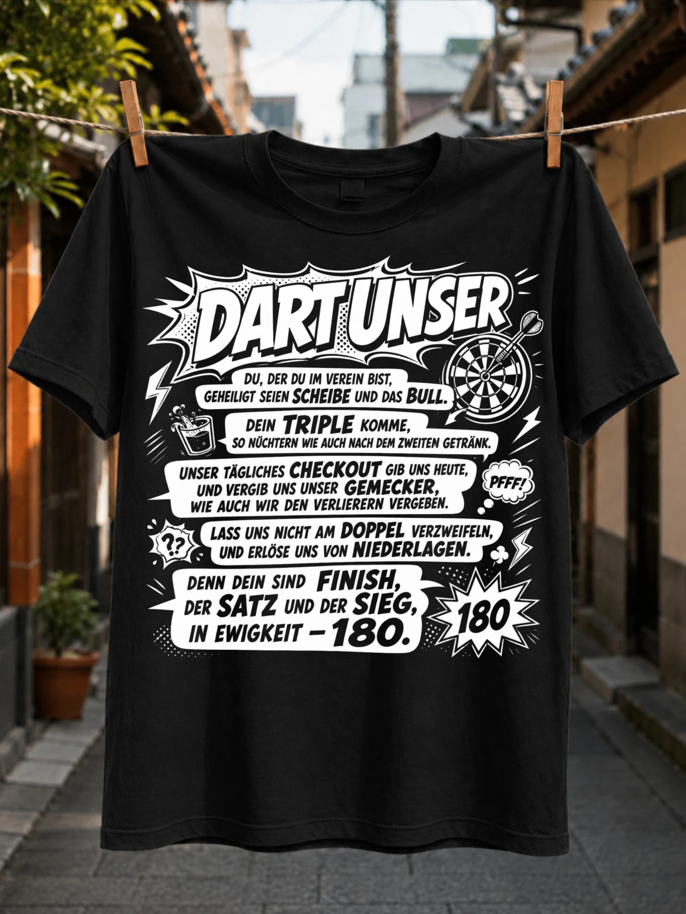 with comic Dart Unser prayer dartboard 180 burst speech bubbles   panels and darts theme Unisex All  Unisex All T-Shirt
