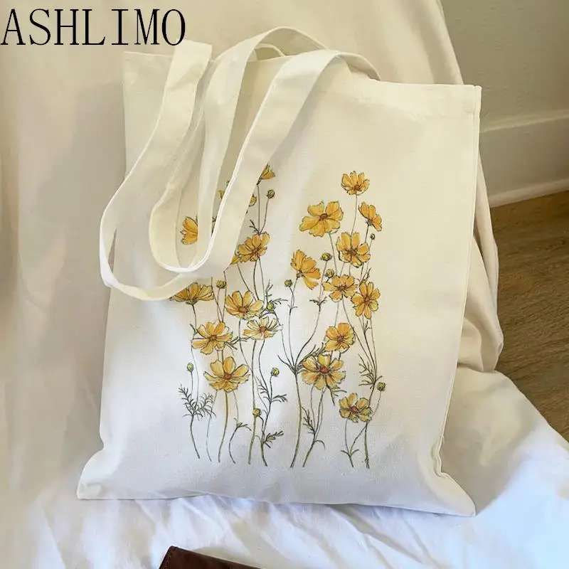 Floral Canvas Shopping Bags Totebag Shoulder Bags For Women Flowers Daisy Lavender Rose Garden Eco Reusable Cute School Tote Bag