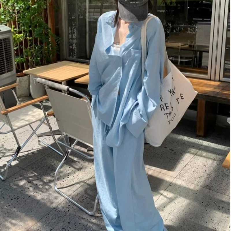 

Однотонные женские комплекты из 2 предметов с отложным воротником и длинными рукавами, свободные брюки с прямыми штанинами, винтажные костюмы, летние женские повседневные наряды