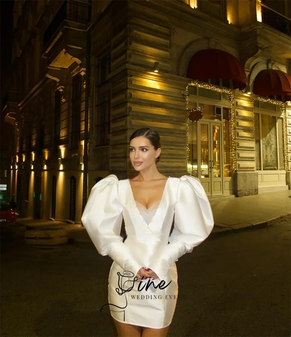 Oine Modern White Wedding Dress Satin Long Puff Sleeves Mini Vestidos De Novia Deep V Neck Short Women Bridal Gowns Customized