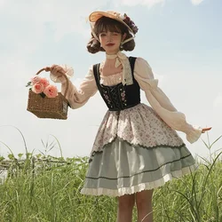 Kawaii Cute Sets Japanese Vintage Victorian Style Lolita Dress Women Off-shoulder Blouse Rose Embroidery Floral Jsk Dresses Suit