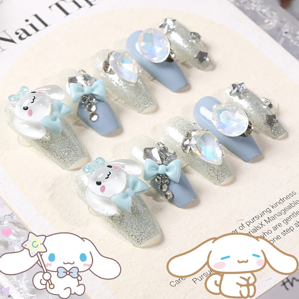 24Pcs Sanrio Cinnamoroll Fake Nails Cute Anime Cartoon Kuromi My Melody Nail Patches Y2K Fashion Charm Rhinestone Press on Nails