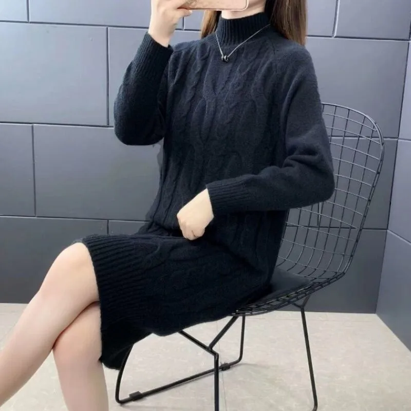 

Модное женское платье-свитер, водолазка, вязаные свитера, пуловер, осень-зима, утепленный теплый повседневный свитер, джемперы