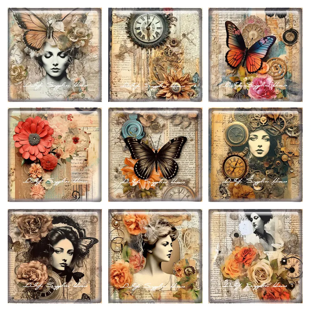 

10pcs/lots Steampunk Gear Flower Butterflies Square Photo Glass Cabochon Flatback Demo Flat Back Cameo For Diy Jewelry Making