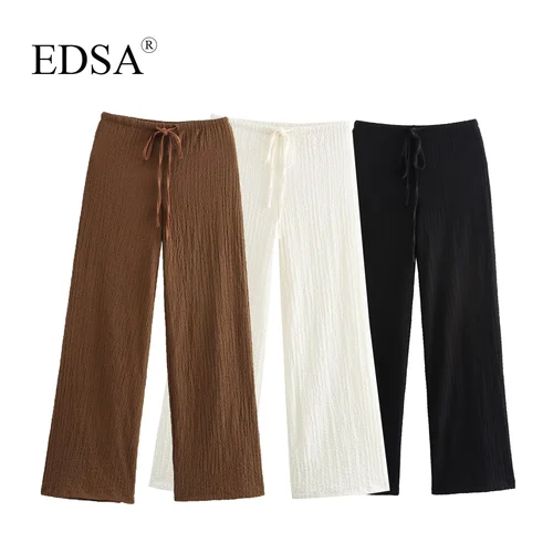 EDSA-Pantalones rectos texturizados para mujer, cintura alta elástica, con cordones ajustables