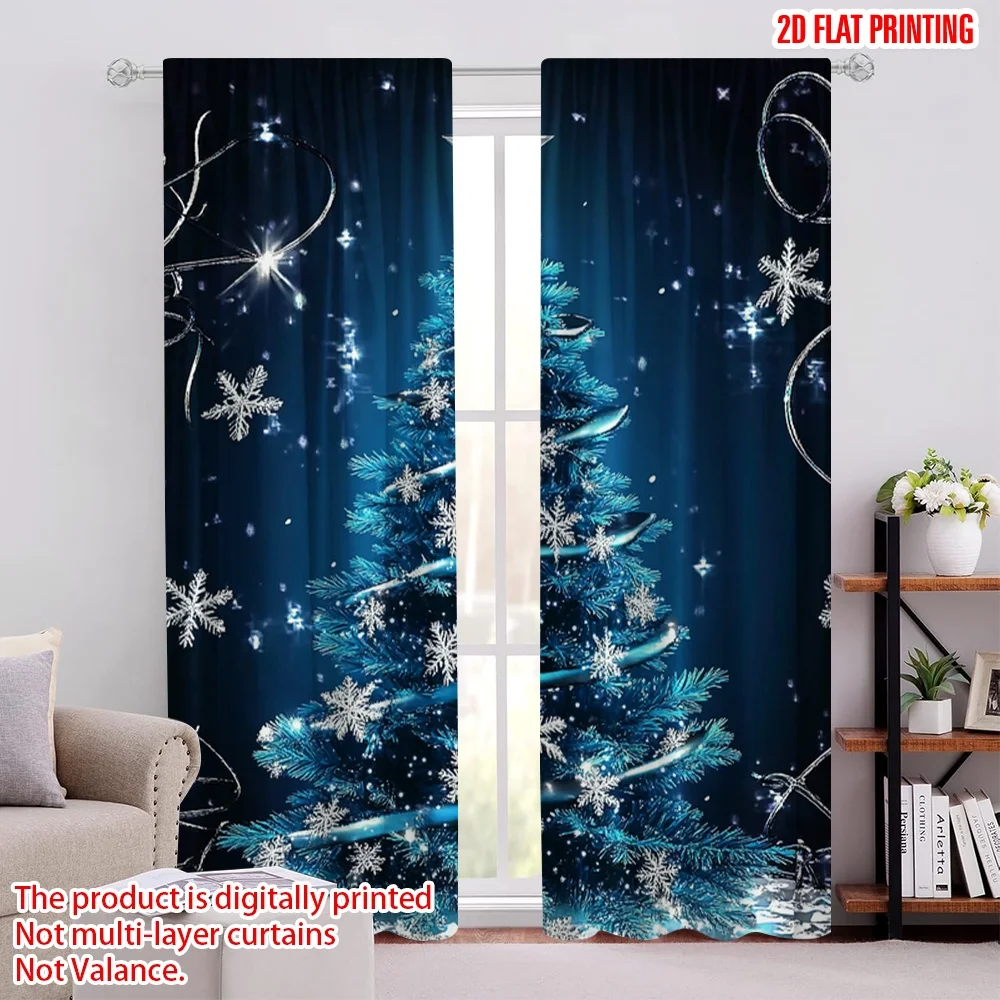 

2Pcs 2D Flat PrintingChristmas Curtains Blue Christmas Tree Snowflake Merry Christmas Winter Xmas Suitable For Bedroom Living