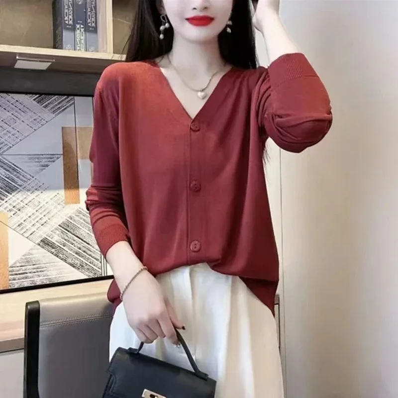 Women Thin Ice Silk Knit Cardigan V Neck Long Sleeve Sun  Coat Casual Air Conditioning Outerwear