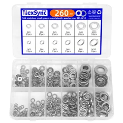 260pcs 304 stainless steelspacers and elastic washers set M3 M4 M5 M6 M8 M10 Spring Lock Washers and Flat Washers Set