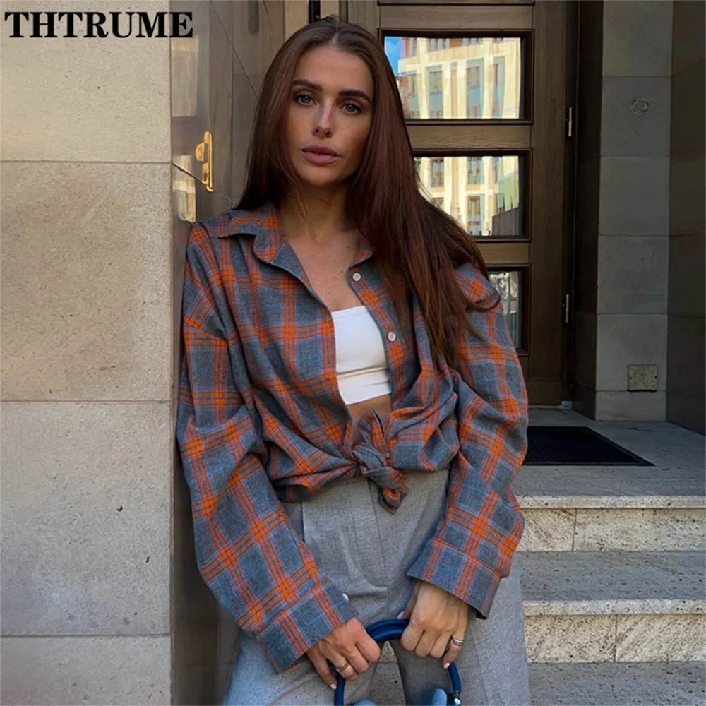 Vintage Women Y2K Shirts Fashion Long Sleeve Oversized Plaid Autumn Korean Button Shirt Streetwear Casual Korean Lapel Blouses