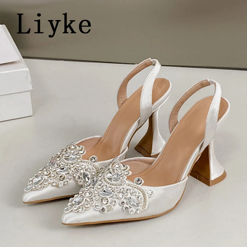 Liyke 2025 baru sepatu hak tinggi aneh hak tinggi kristal berlian imitasi ujung lancip sandal selempang wanita sepatu pesta pernikahan
