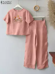 ZANZEA Summer Fashion Short Sleeve Embroidery Blouse Pants Sets 2PCS Women Matching Sets Casual Trousers Suits Loose Tracksuit