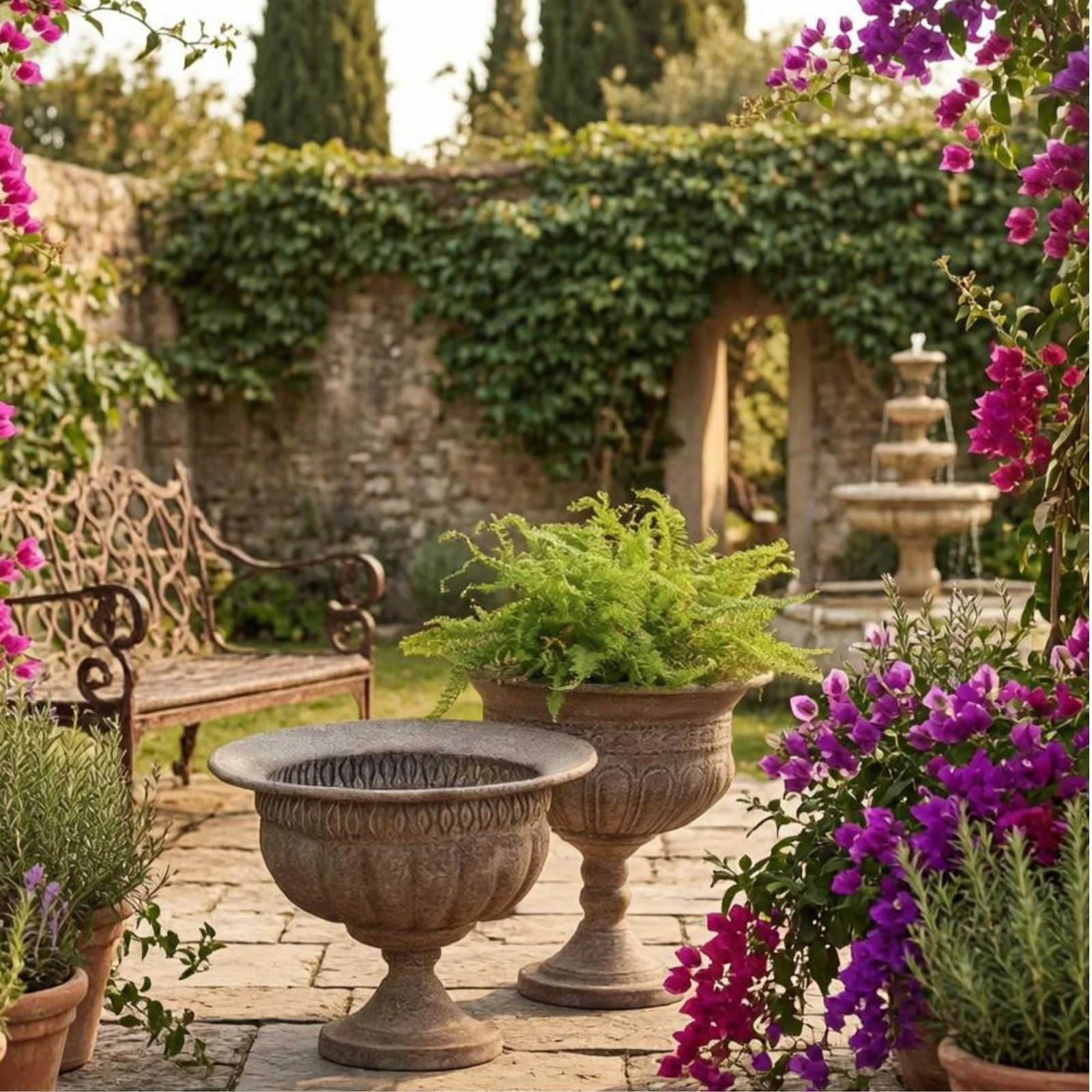 

Decorative Planter Pot with Pedestal Stone-like Finish Wide Bowl Garden Cache-pot Vintage for Porch or Patio Display