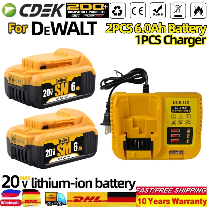 

20V 6.0AhFor Dewalt DCB200 Replacement Battery Compatible with✅For Dewalt 18V/20V Tools DCB120DCB182 DCB205⚡DCB206 Battery