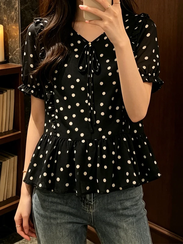 

plus Size Women's Summer New V-neck Tunic Top with Pleated Hemline Loose Fit Slimming Concealing Fashionable Chiffon Blouse