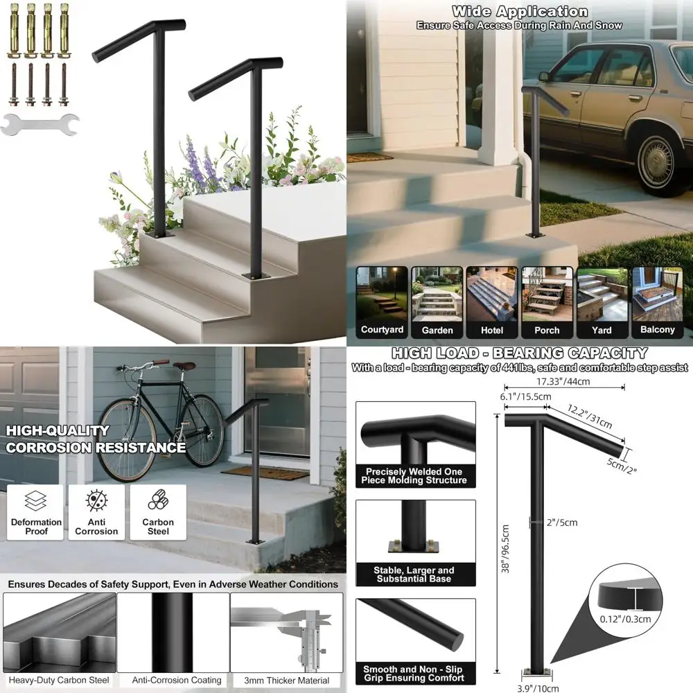 

Heavy-Duty Outdoor Step Railing for Seniors - Metal Handrail for 1-2 Steps, Powder Coated, Single Post, 38 High Safety Handrail