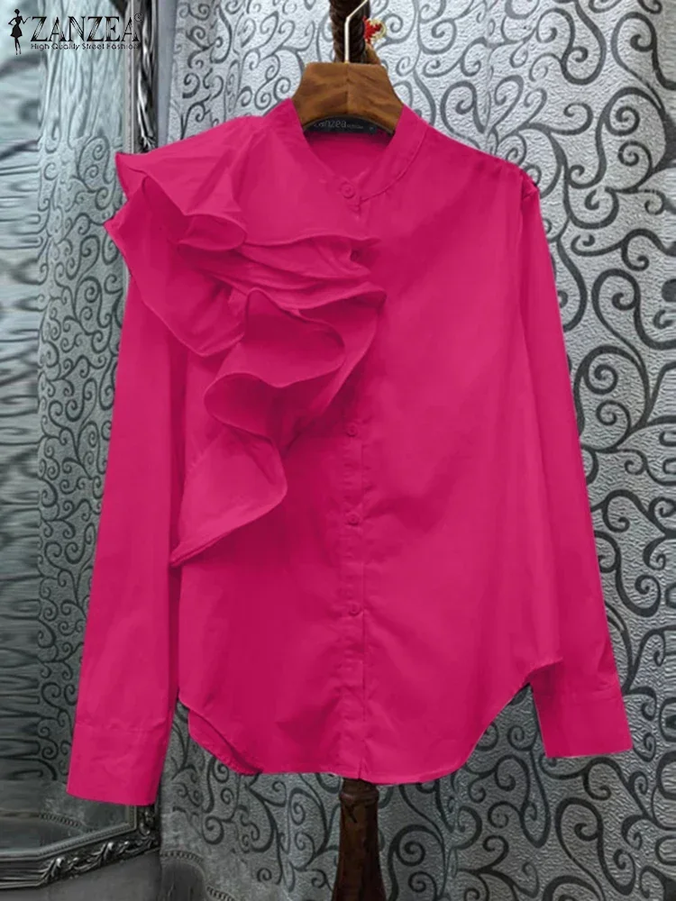 

ZANZEA Elegant Fashion Women Solid Shirts 2025 Ruffled Stitching Top Office Buttons Blouse Casual Loose Long Sleeve Tunic Blusas