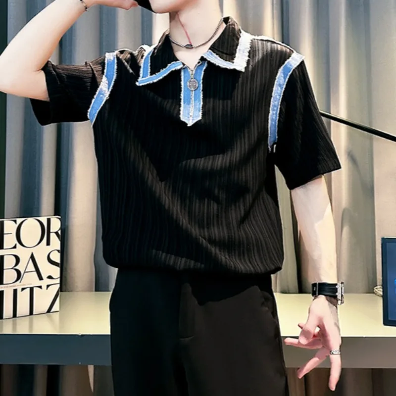 الكورية الصيف مخطط التلبيب تي شيرت الرجال قصيرة الأكمام لوس عادية نصف سستة قمصان بولو الأعمال الاجتماعية تيز الرجال الملابس #1