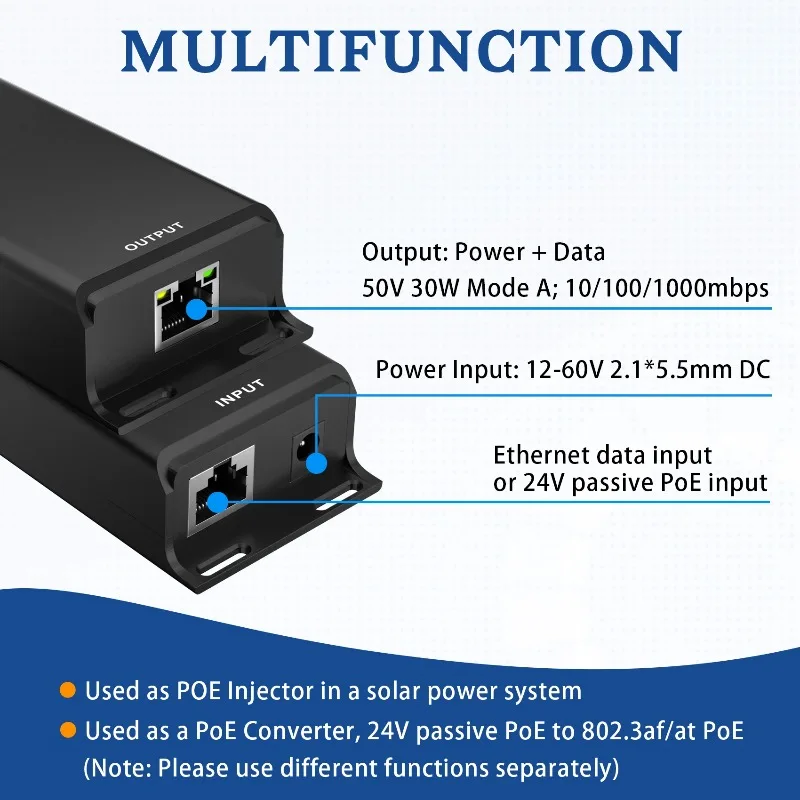 Solar DC Powered PoE+ Gigabit Injector 12V 24V DC to 50V 802.3at Active POE Single Port PoE Converter 24V Passive to 50V POE